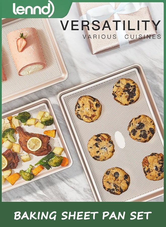 LENND Baking Sheet Pan Set of 3, Cookie Sheets for Oven, Nonstick Half/Quarter/Jelly Roll Pans with Diamond Texture Pattern, 0.8mm Thick Heavy Duty Cookie Tray, Champagne Gold - Image 2